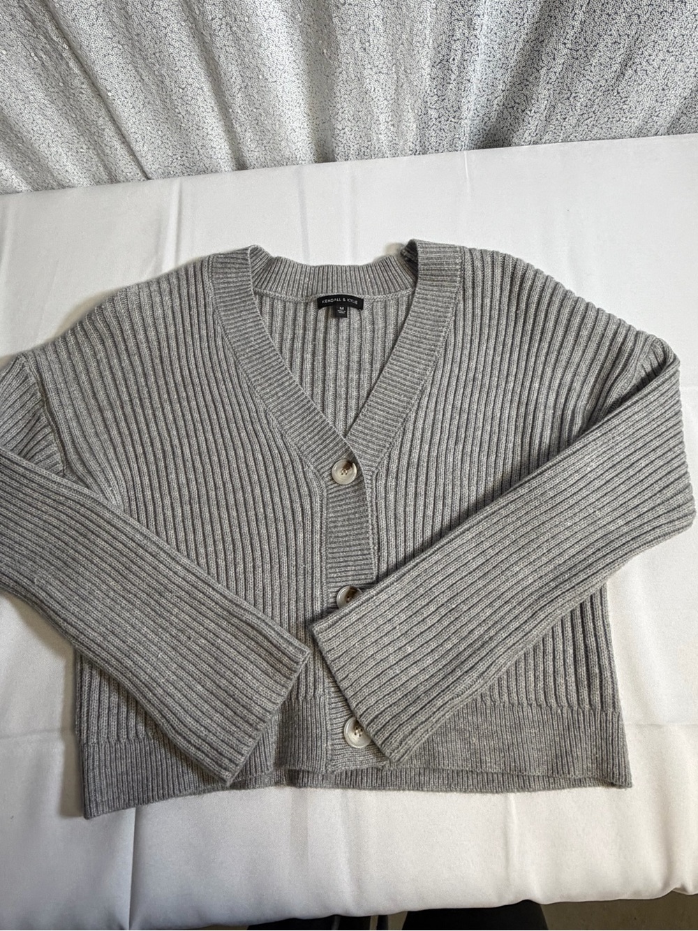 Kendall & Kylie Light Gray Ribbed Off-the-Shoulder Cardigan